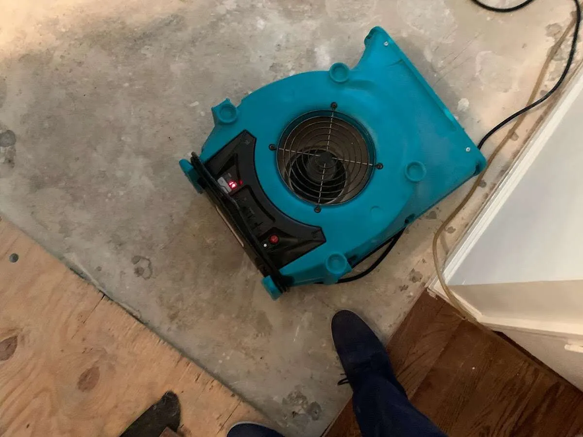 Air mover drying subfloor during Leak Detection & Repair in Londonderry